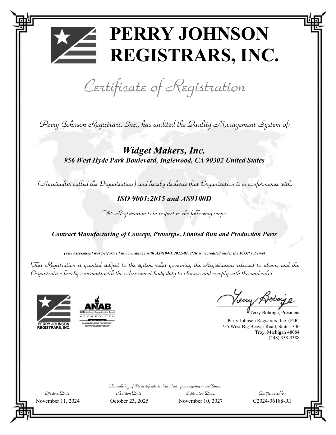 Perry Johnson Registrars certificate of registration for Widget Makers, Inc. — ISO 9001:2015 and AS9100D